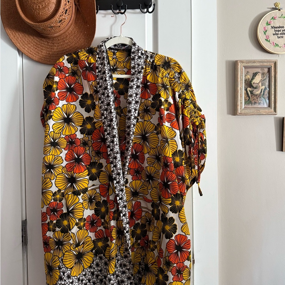 Floral Kimono with Orange, Yellow, and Black Design